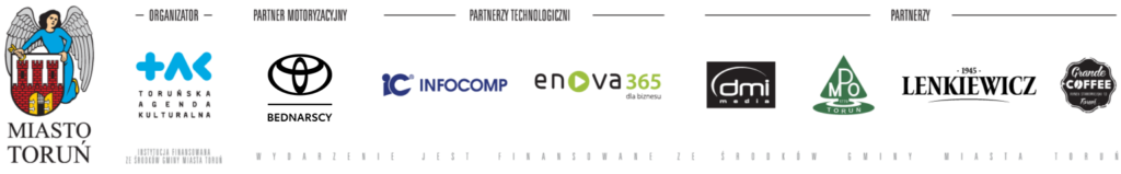 stopka sponsorska - Miasto Toruń - Toruńska Agenda Kulturalna - Toyota Bednarscy - Infocomp - enova 365 - DMI MEdia - MPO - Lenkiewicz- Grande Caffee