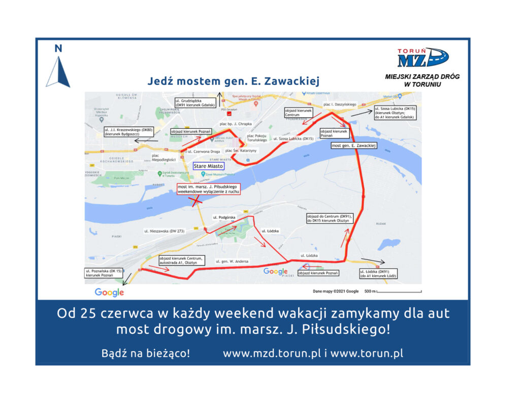 mapa objazdu podczas remontu mostu im. marsz. Józefa Piłsudskiego