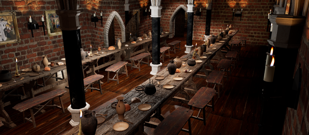 Zrzut ekranu z VR przedstawiający jadalnie w zamku