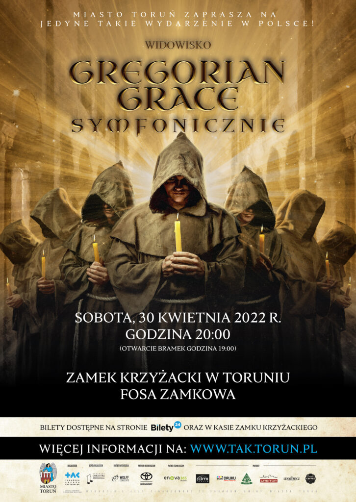 Plakat widowiska Gregorian Grace Symfonicznie, na którym znajdują się postacie ubrane w szaty mnichów z założonym kapturem na głowę i trzymające świece.