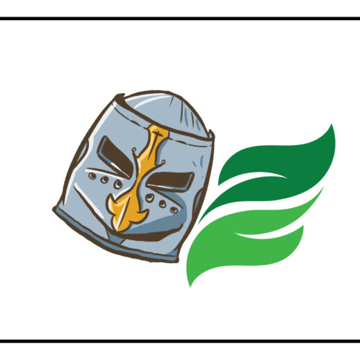 grafika z hełmem rycerza i zielonym elementem