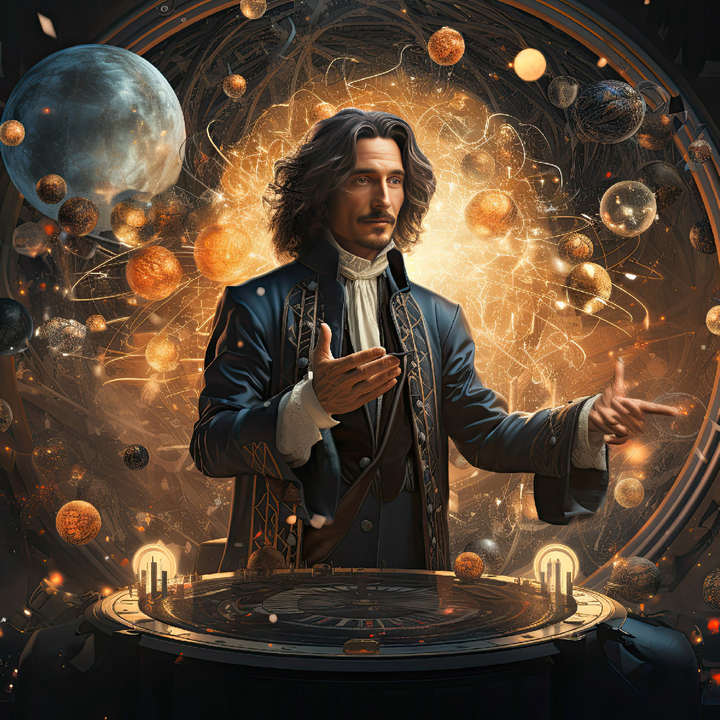 Grafika przedstawia Kopernika wśród planet.