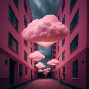Grafika przedstawia różowe chmurki zawieszone nad ulicą.