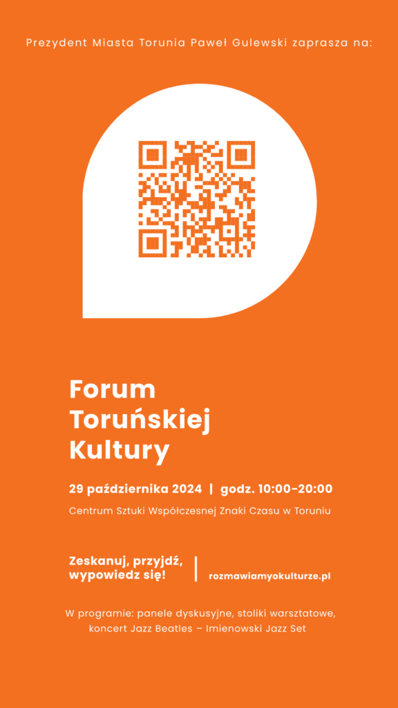 Plakat wydarzenia. na górze w centrum logo - kod qr w dymku dialogu. Niżej informacje o szczegółach wydarzenia.