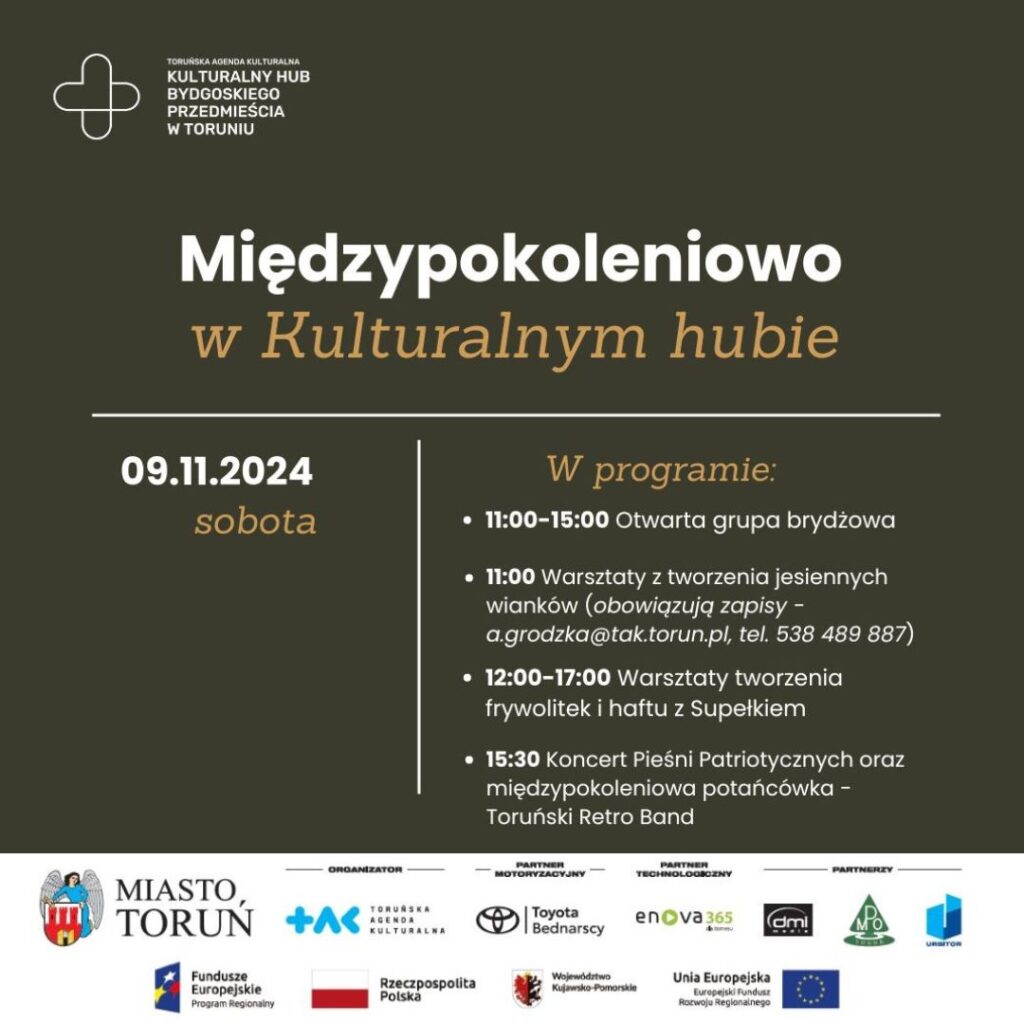 Plakat wydarzenia Międzypokoleniowo w Kulturalnym hubie. Niżej data: 9 listopada 2024 oraz harmonogram.