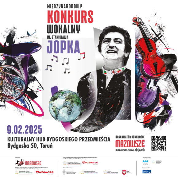 Plakat wydarzenia. Na górze wielkimi literami nazwa wydarzenia: Konkurs wokalny Jopka. Niżej kolaż przedstawiający Jopka w monochromatycznych kolorach oraz kolorowe instrumenty. Niżej data: 9 lutego 2025 rok i lokalizacja: Kulturalny hub Bydgoskiego Przedmieścia w Toruniu.