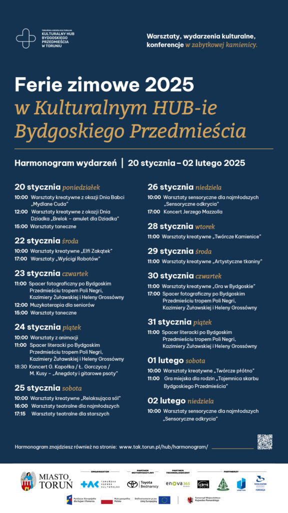 Plakat wydarzenia Ferie zimowe 2025 w Kulturalnym hubie Bydgoskiego Przedmieścia przedstawiający harmonogram zajęć i warsztatów.