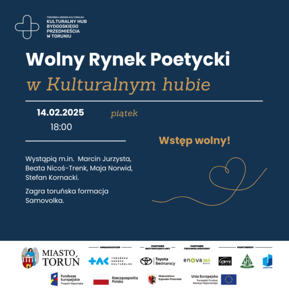 Plakat wydarzenia Wolny rynek Poetycki w Kulturalnym hubie. Na górze wielkimi literami nazwa wydarzenia. Niżej data: 14 lutego 2025 roku (piątek) godzina 18:00. Niżej informacja o występujących na wydarzeniu: Marcin Jurzysta, Beata Nicoś-Trenk, Maja Norwid, Stefan Kornacki. Wstęp wolny