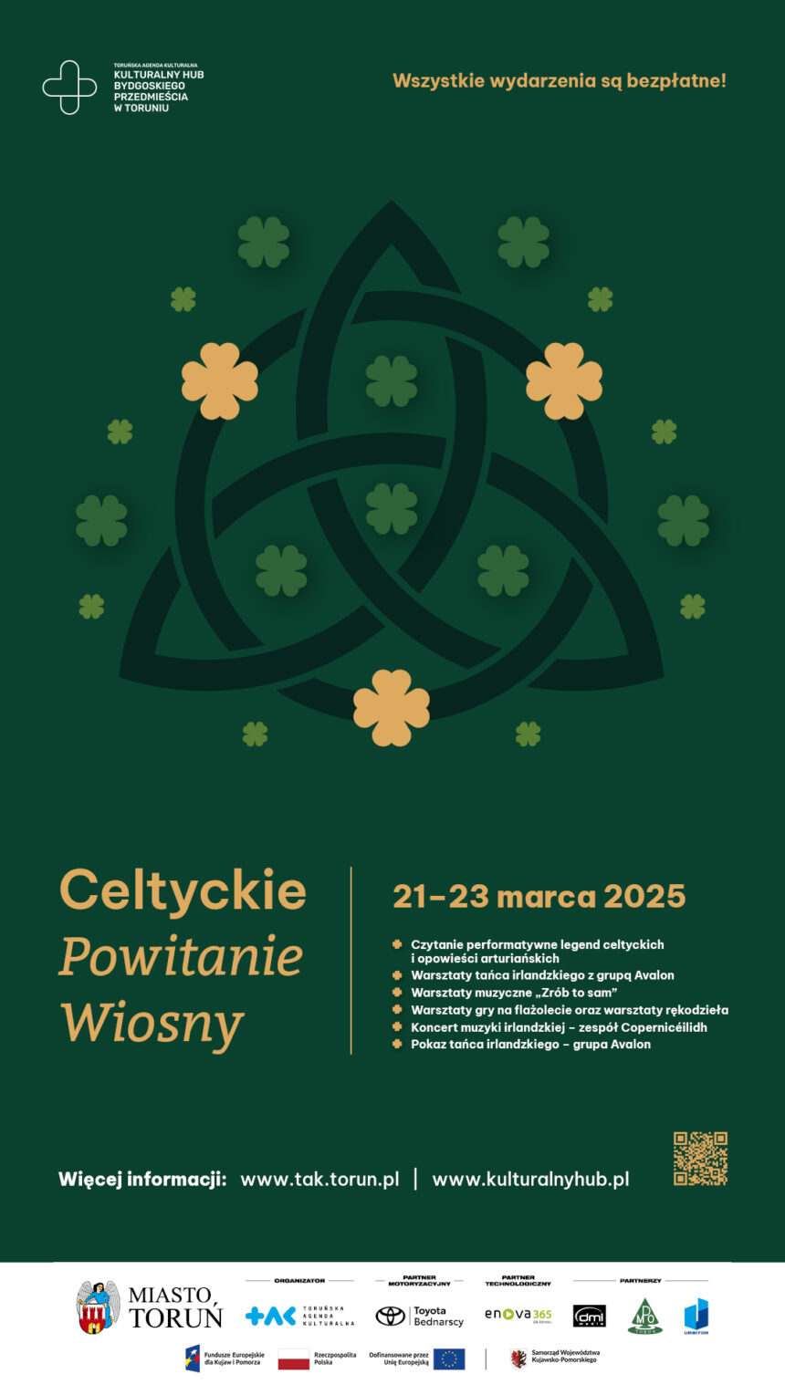 Afisz wydarzenia Celtyckie Powitanie Wiosny. W centrum duży, zielony symbol