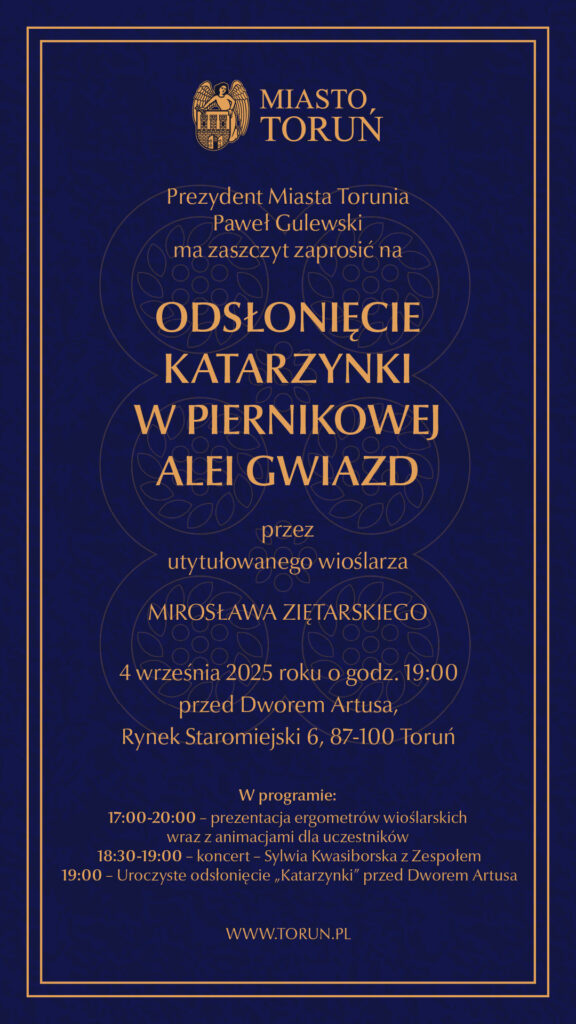 Plakat wydarzenia Odsłonięcie Katarzynki w Piernikowej Alei Gwiazd. Granatowy i z dużą, złotą katarzynką w tle.